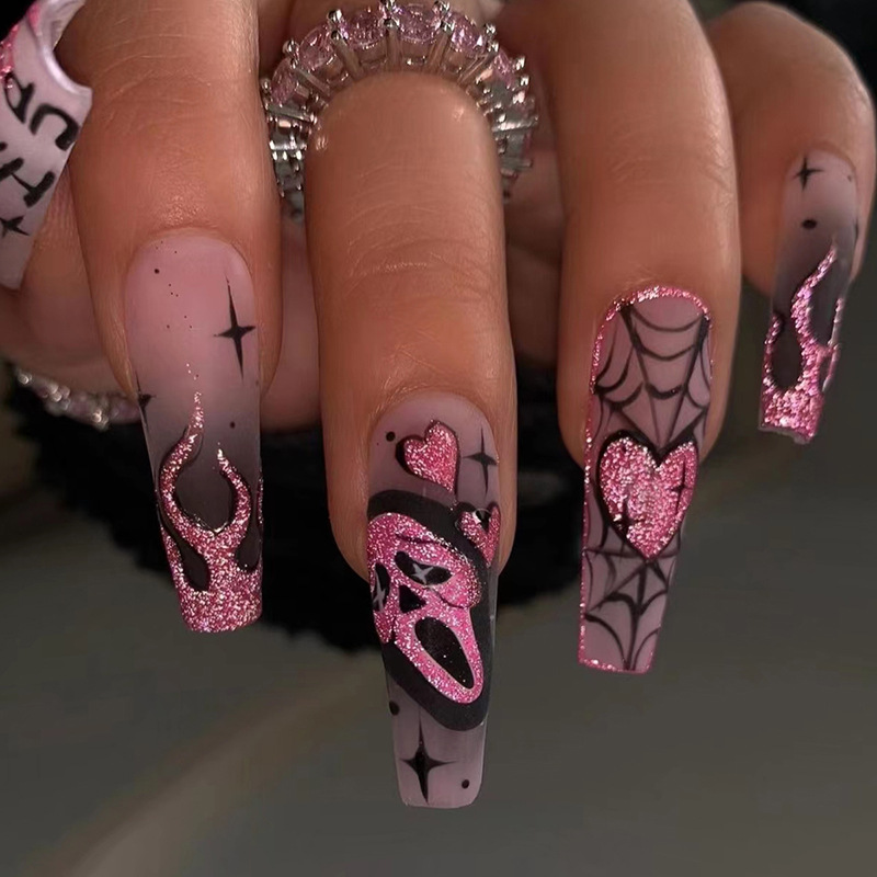 Nail Art Gliter - 24pcs Kuku Palsu Berpayet Pink Glitter