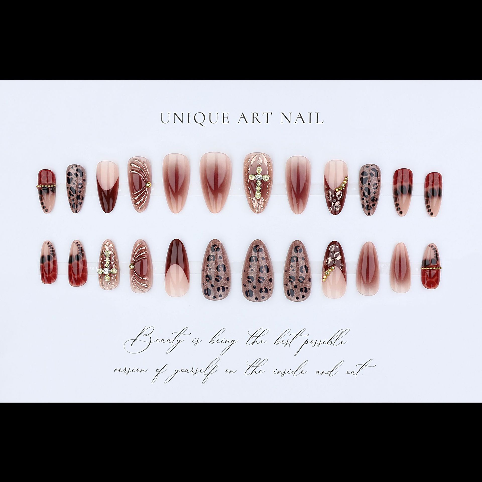 Kuku palsu warna merah cokelat - Nail Art Leopard ulasan dan harga